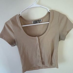 Tan Ribbed Top, slight crop.